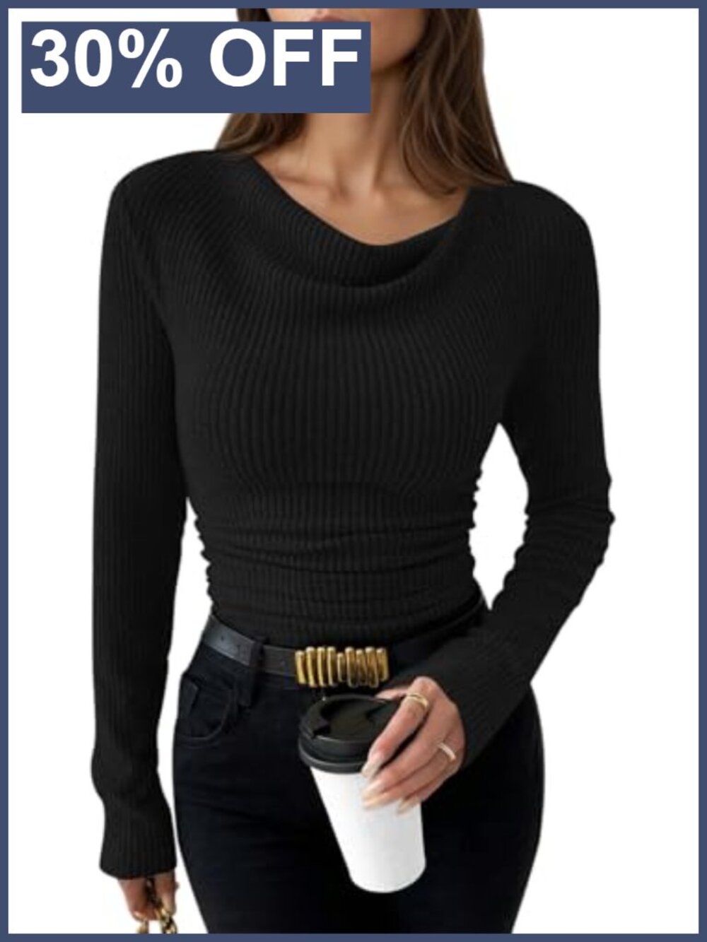Women's Cowl Neck Ruched Long Sleeve Top Slim Fit Going Out Shirt